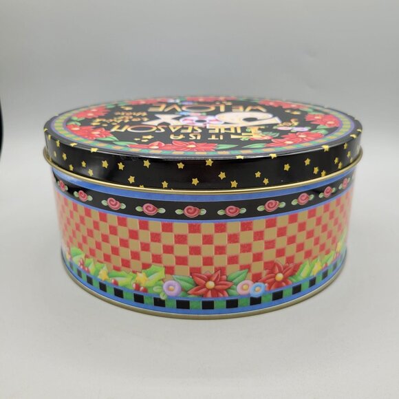 Mary Engelbreit Holiday Tin Container Joy Poinsettia Design Checkered Sides - Picture 4 of 9
